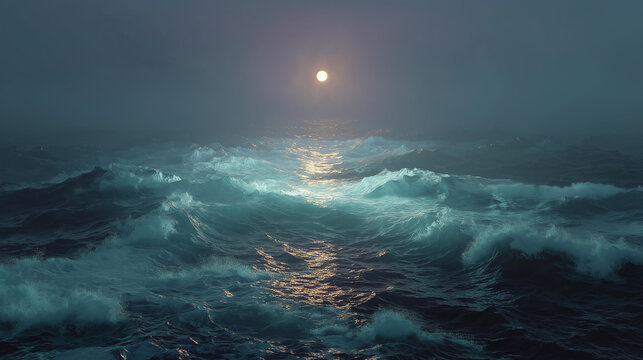 Misty Ocean Sunset: The sun hangs low, casting a hazy glow over the restless, turquoise ocean waves. The atmospheric scene evokes a sense of mystery and the raw power of nature.
