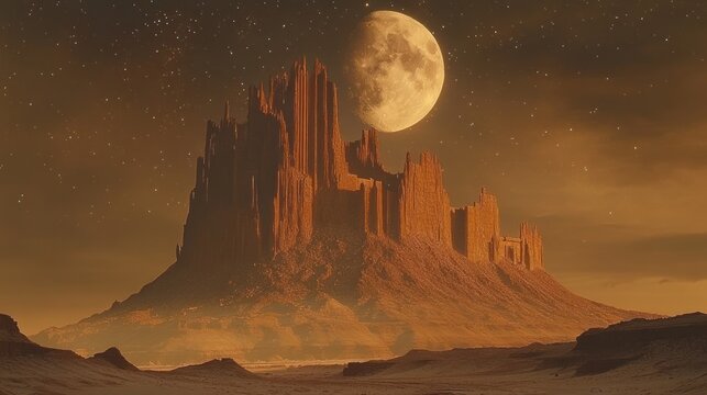 Desert castle under a full moon at night
