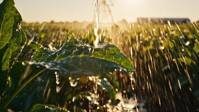Vibrant green crops being nourished by a sprinkler system in a sunlit agricultural field during golden hour