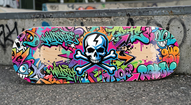 Skateboard deck with colorful graffiti art featuring a skull and crossbones design