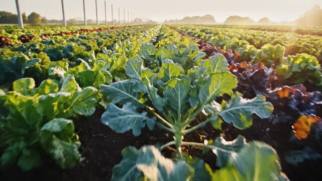 Vast expanse of fresh, green vegetables growing in neat rows under the warm morning sun on an agricultural farm