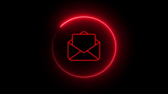 Neon red envelope animation with glowing circular frame for digital communication and email marketing
