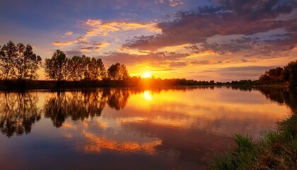 Fototapeta premium Sunset Sky Over Calm River With Golden Reflection And Dark Tree Line At Horizon Peaceful Evening Landscape