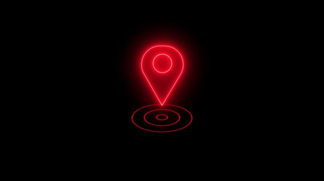 Red neon map pin with pulsing location radar circles on black background, navigation