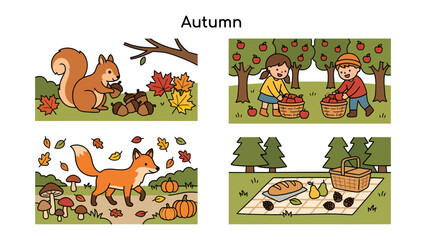 Autumn Theme Collection: A delightful collage of four charming illustrations capturing the essence of autumn, featuring a squirrel hoarding nuts, children picking apples. © Rahimatul