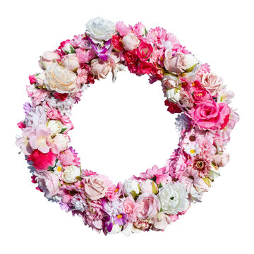Artificial pink and white flower wreath isolated on transparent background. Faux silk rose and peony floral circle border for wedding invitation design.