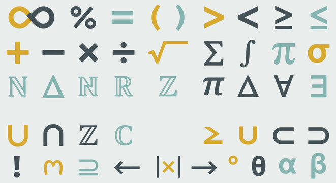 Math and set theory symbols collection for algebra and science education.