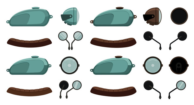 Motorcycle parts set with fuel tank seat headlight and mirrors in flat style