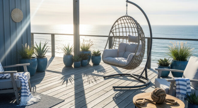 Relaxing Coastal Deck Oasis With Ocean Views And Comfortable Seating