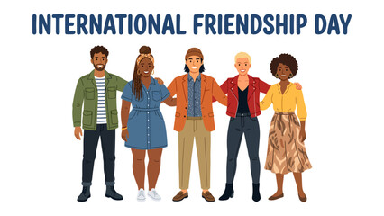 International Friendship Day Celebration: A diverse group of five friends stands arm in arm, celebrating International Friendship Day with smiles and unity. © Nusaybah