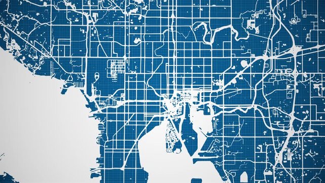 Ink reveal animation of Tampa city, Florida (FL), United States of America, grid map. Aerial top view. Blueprint style. White lines with blue background. 4K Seamless loop.