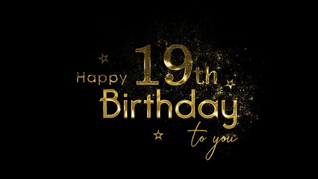 Happy 19th birthday banner with gold particles and transparent background
