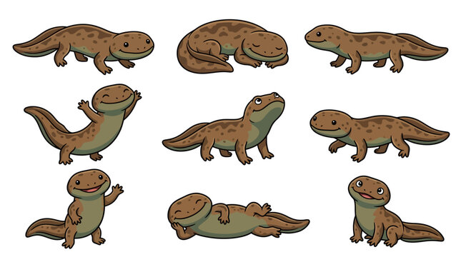 A character sheet featuring various poses of a smiling green and brown lizard-like creature with a hat.