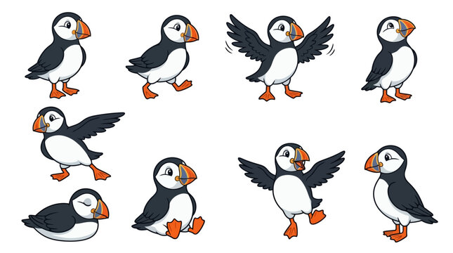 Raccoon dog character sheet poses illustrations of various puffins in different flying and standing positions are shown