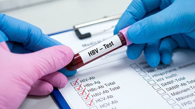Medical Staff in Blue and Pink Gloves Holding HBV Test Blood Tube Over Hepatitis Checklist Form