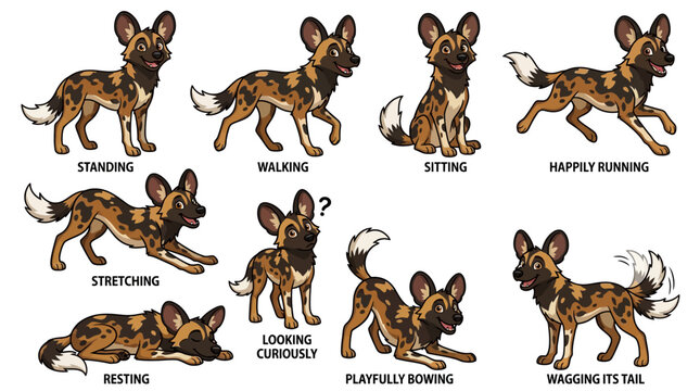 A character sheet featuring various poses of a tree kangaroo, showcasing standing, sitting, running, and playing in a natural setting.