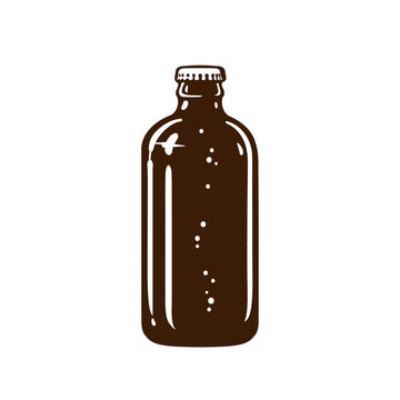 Stubby amber glass beer bottle. Hand drawn vector.