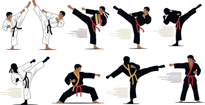 Martial Arts Athletes Vector Set: Flat Silhouette and Line Illustrations of Pencak Silat, Karate, and Taekwondo Fighters Kicking and Punching for Championship, Dojo, and Combat Sports Design