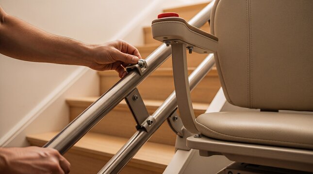 Person operating home stair lift control for mobility and accessibility with accessibility mobility staircase operating assistive disability movement residential