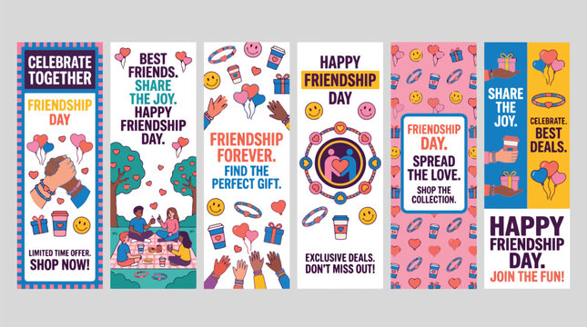 Happy Friendship Day vertical banner set, colorful social media marketing templates with 6 vector designs, promotional web headers for gift shop sales