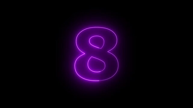 Glowing Neon 8 number educational mathematics text icon animation on black background. a dynamic motion and glowing neon number countdown icon animation.