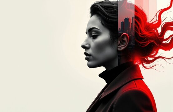 Woman profile in mono with red flowing hair and urban double exposure evokes giga