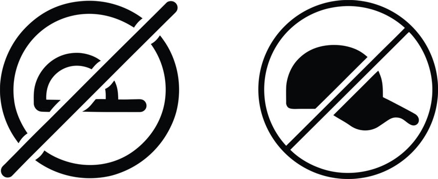 Prohibition signs featuring caps crossed out with lines representing no hats allowed rules in public and private spaces.