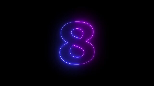 Glowing Neon 8 number educational mathematics text icon animation on black background. a dynamic motion and glowing neon number countdown icon animation.