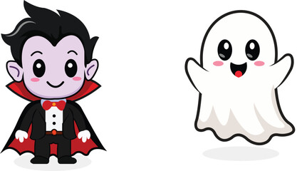 Fototapeta premium Cute cartoon Halloween vampire boy and friendly ghost character set flat illustration vector isolated on white background