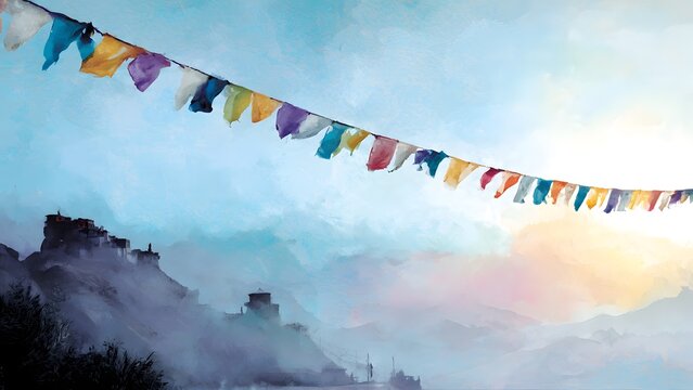 Colorful prayer flags flying over Leh Palace in Ladakh at sunrise painting