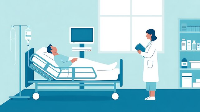A doctor examines a patient lying in a hospital bed with medical equipment nearby in a clinic room.