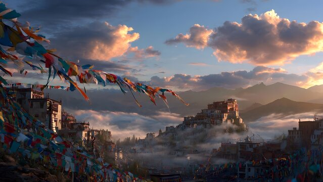 Colorful prayer flags flying over Thiksey Monastery in Ladakh at sunset