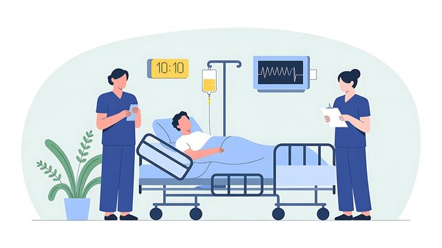 Medical staff attend to a patient lying in a modern hospital bed with advanced medical equipment