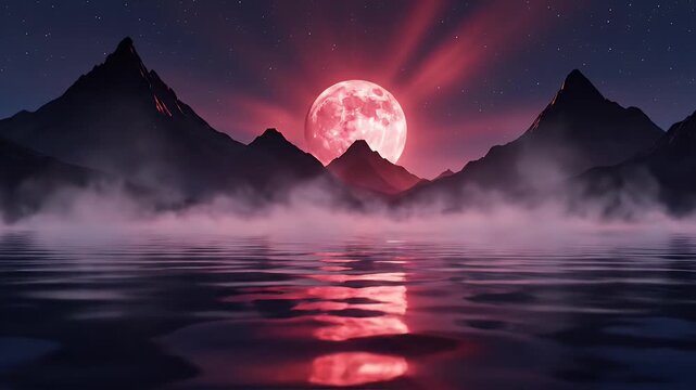 A surreal pink moon illuminates a misty mountain landscape reflected in a calm lake under a starry night sky.