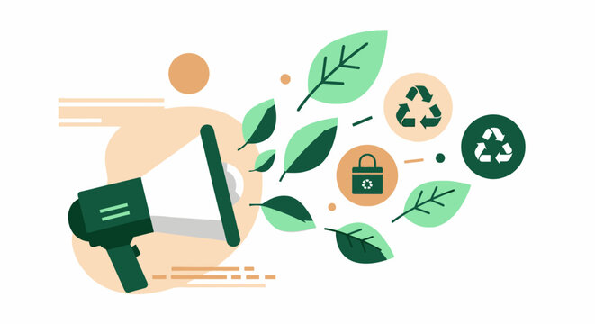 Megaphone shouting green leaves and recycling symbols