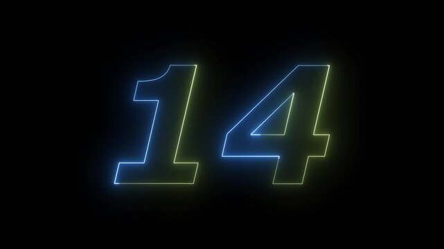 Glowing Neon 14 number educational mathematics text icon animation on black background. a dynamic motion and glowing neon number countdown icon animation.