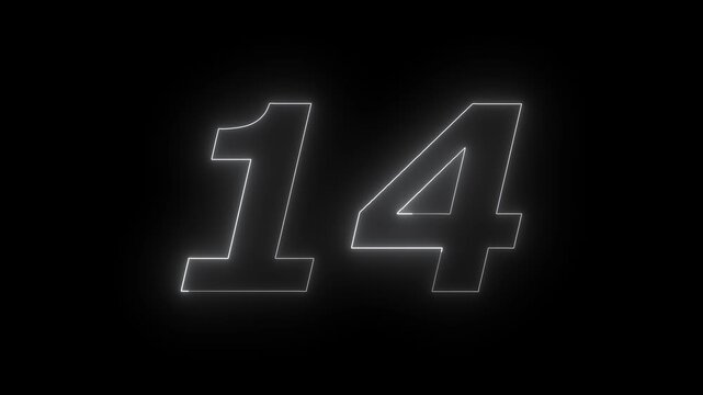Glowing Neon 14 number educational mathematics text icon animation on black background. a dynamic motion and glowing neon number countdown icon animation.