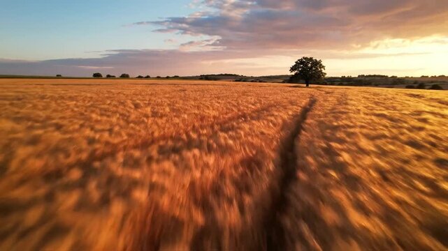 Golden wheat field bathed in the warm glow of sunset with a lone tree on the horizon