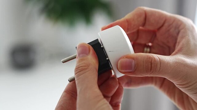 Electrical plug adapters with different socket standards in human hands. International power compatibility concept for travel, electronics and device charging.