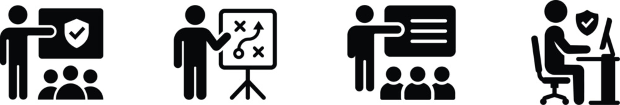Business training and security workplace icons set with training business security workplace