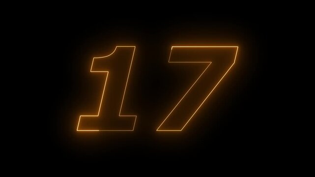 Glowing Neon 17 number educational mathematics text icon animation on black background. a dynamic motion and glowing neon number countdown icon animation.