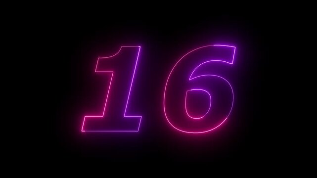 Glowing Neon 16 number educational mathematics text icon animation on black background. a dynamic motion and glowing neon number countdown icon animation.