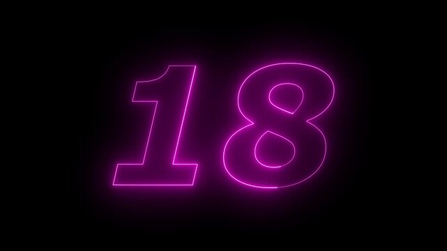 Glowing Neon 18 number educational mathematics text icon animation on black background. a dynamic motion and glowing neon number countdown icon animation.