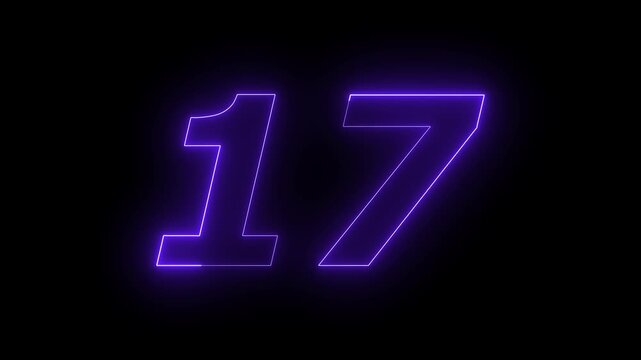 Glowing Neon 17 number educational mathematics text icon animation on black background. a dynamic motion and glowing neon number countdown icon animation.