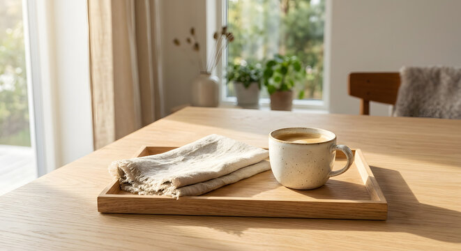 Cozy morning coffee cup on a wooden tray with napkin in a bright minimalist interior.