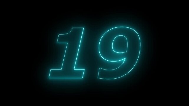 Glowing Neon 19 number educational mathematics text icon animation on black background. a dynamic motion and glowing neon number countdown icon animation.