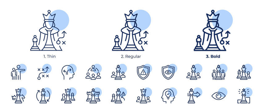 A comprehensive collection of business strategy and leadership icons featuring chess motifs.