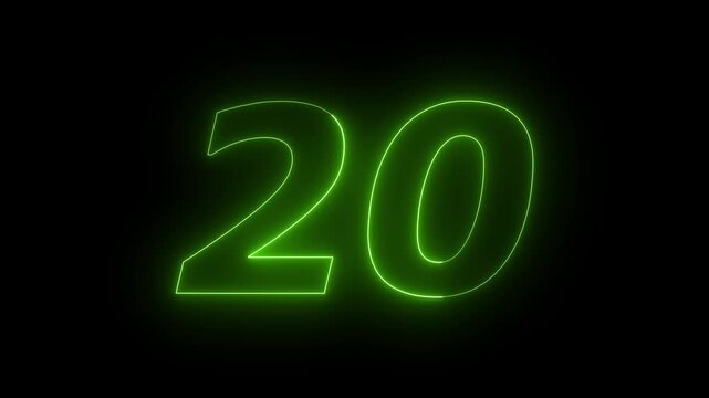 Glowing Neon 20 number educational mathematics text icon animation on black background. a dynamic motion and glowing neon number countdown icon animation.
