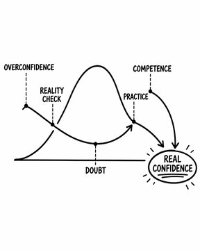 Hand-drawn curve showing the confidence journey from initial overconfidence through a reality check and doubt phase, then rising through practice to real confidence.