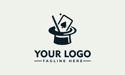Magician top hat with playing card and wand vector logo illustration for magic show © nuaari
